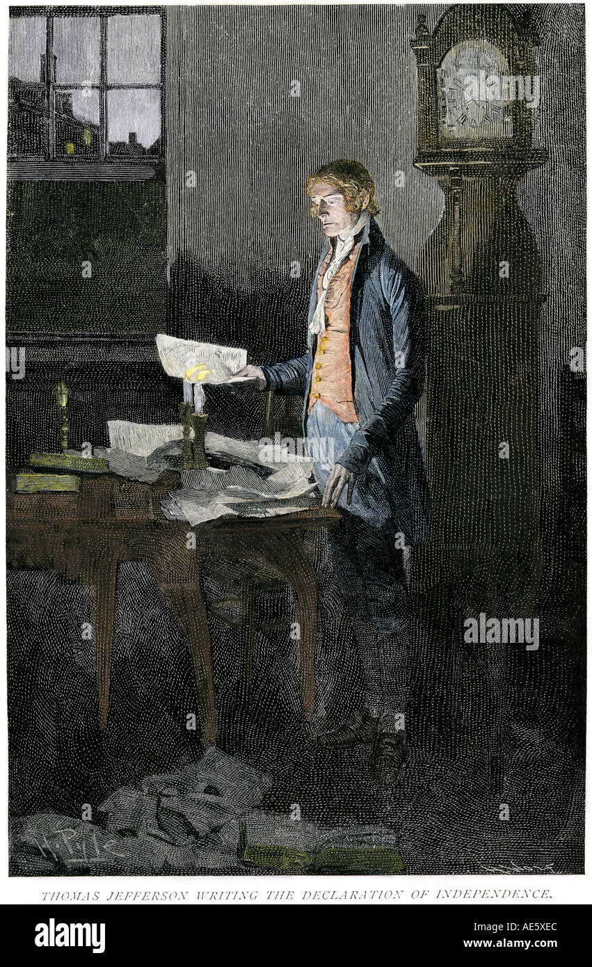 Thomas Jefferson escribiendo la declaración de la independencia. Grabado pintado a mano. Xilografía Coloreada a Mano de Howard Pyle ilustración Foto de stock