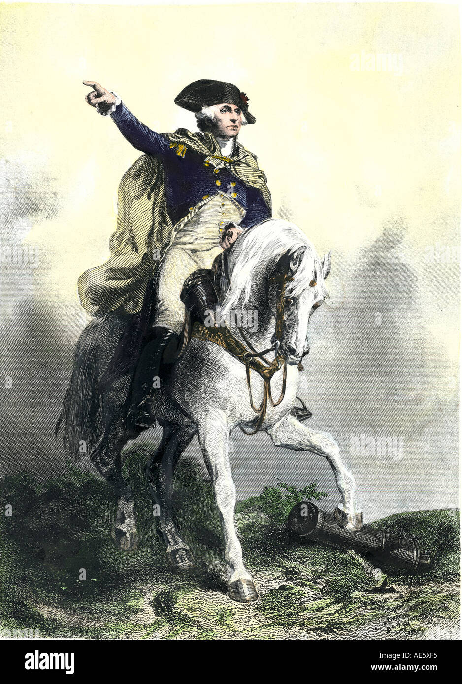 El General George Washington en un caballo de batalla en la Revolución Americana. Mano de color acero grabado Foto de stock