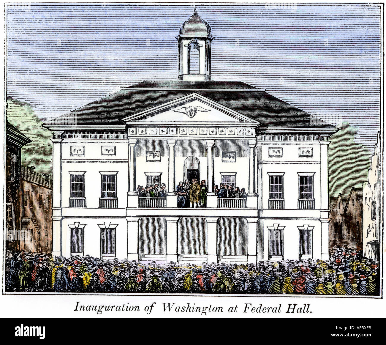Federal Hall de New York durante la inauguración de George Washington como primer presidente de EE.UU. en 1789. Xilografía coloreada a mano Foto de stock