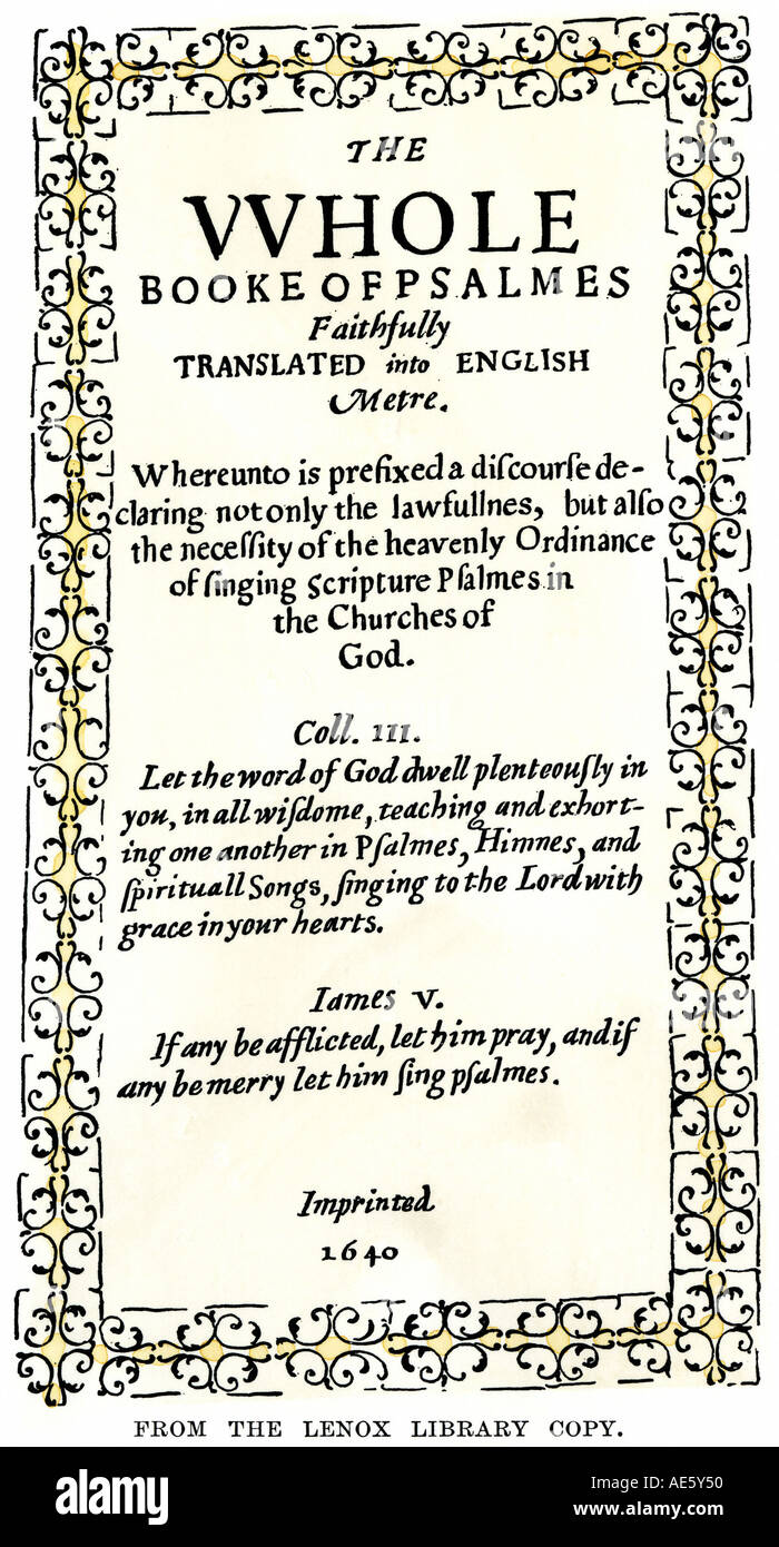 Bay Salmos Libro primer libro impreso en la colonia de la Bahía de Massachusetts 1640. Xilografía coloreada a mano Foto de stock
