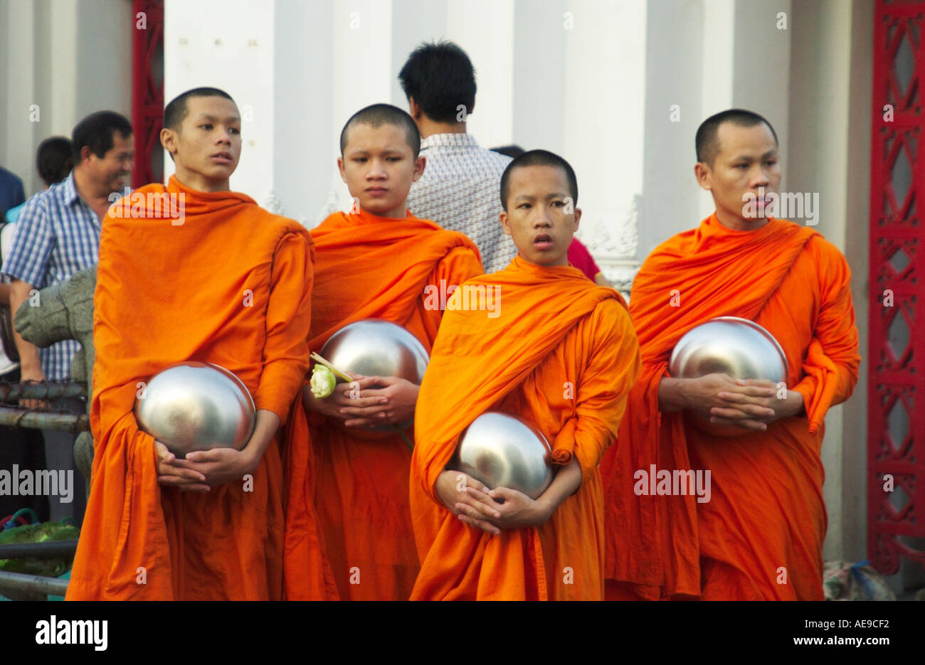 Los monjes budistas se alinean para recibir limosnas en el templo Wat Benchamabophet mármol en Bangkok, Tailandia Foto de stock