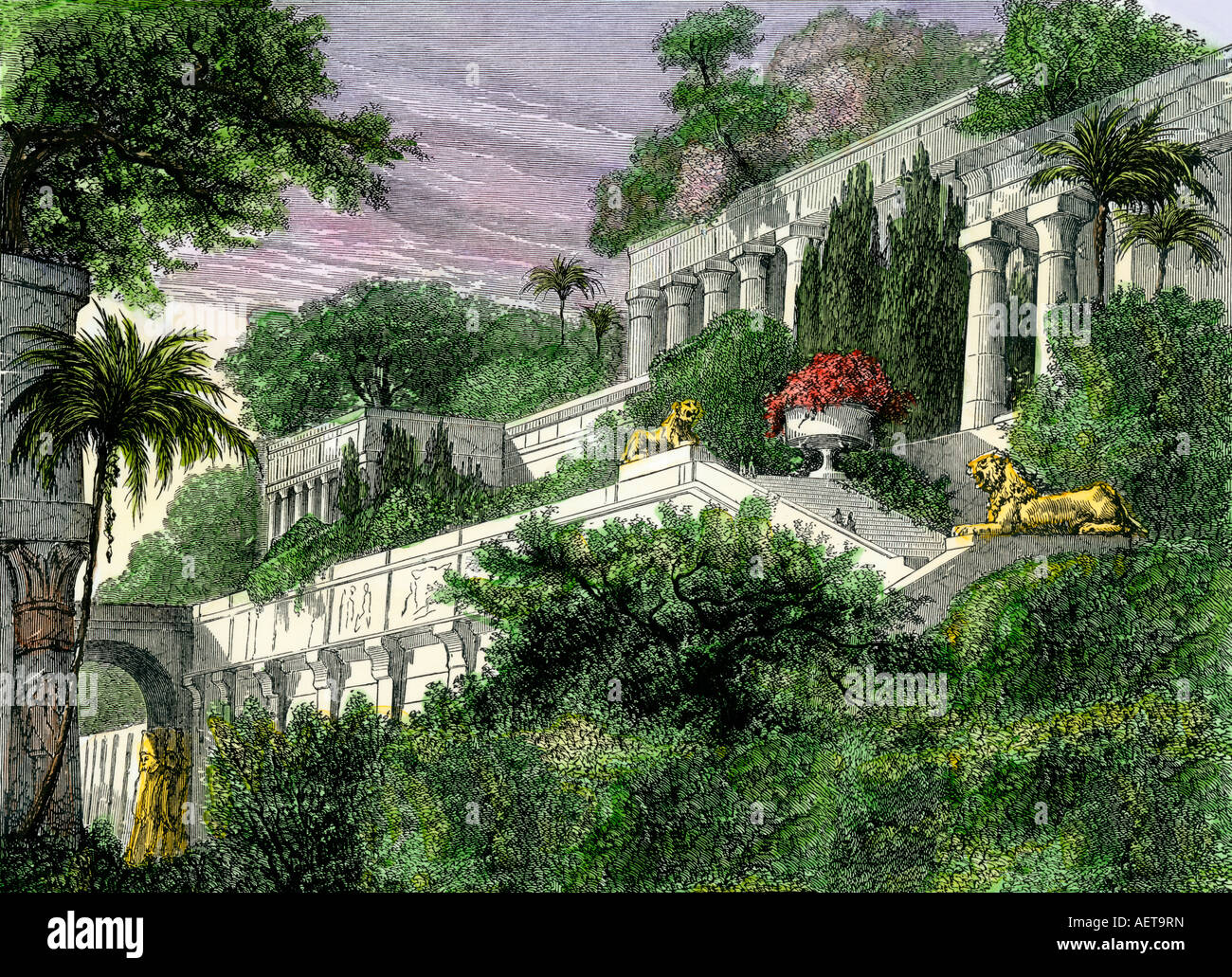 Jardines Colgantes de Babilonia en tiempos antiguos. Xilografía coloreada a mano Foto de stock