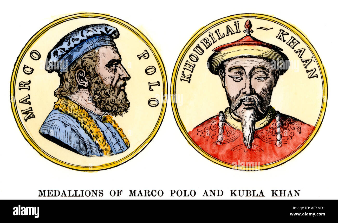 Medallones de Marco Polo y Kublai Khan. Xilografía coloreada a mano Foto de stock