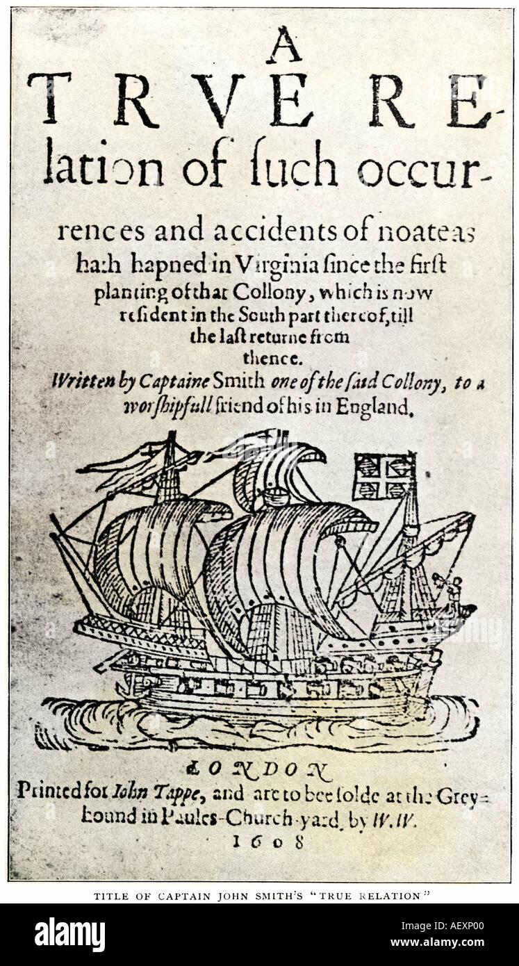 Página de título del libro de John Smith una verdadera relación de Virginia en 1608. Foto de stock
