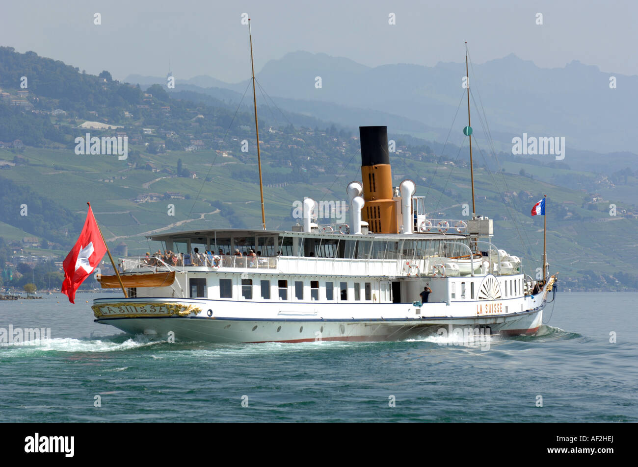 Lausanne paddle steamer, transbordadores, barcos de pasajeros, el lago de Ginebra, el lago Leman, Vaud, Suiza Foto de stock