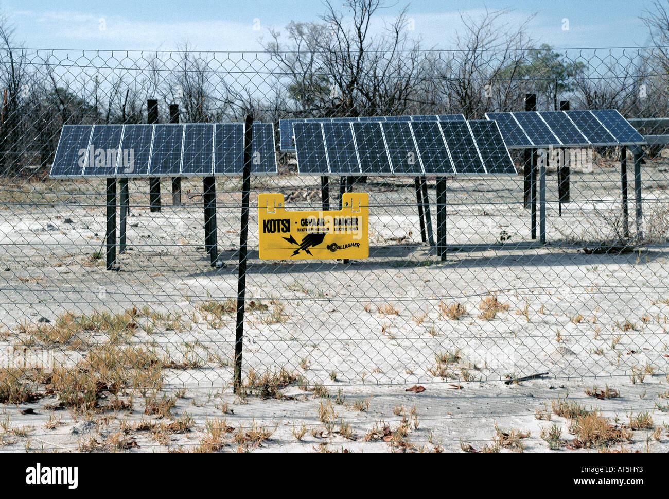 Los paneles solares que generan electricidad para conducir una bomba de agua cerca del campamento Savuti sur el Parque Nacional Chobe en Botswana Foto de stock