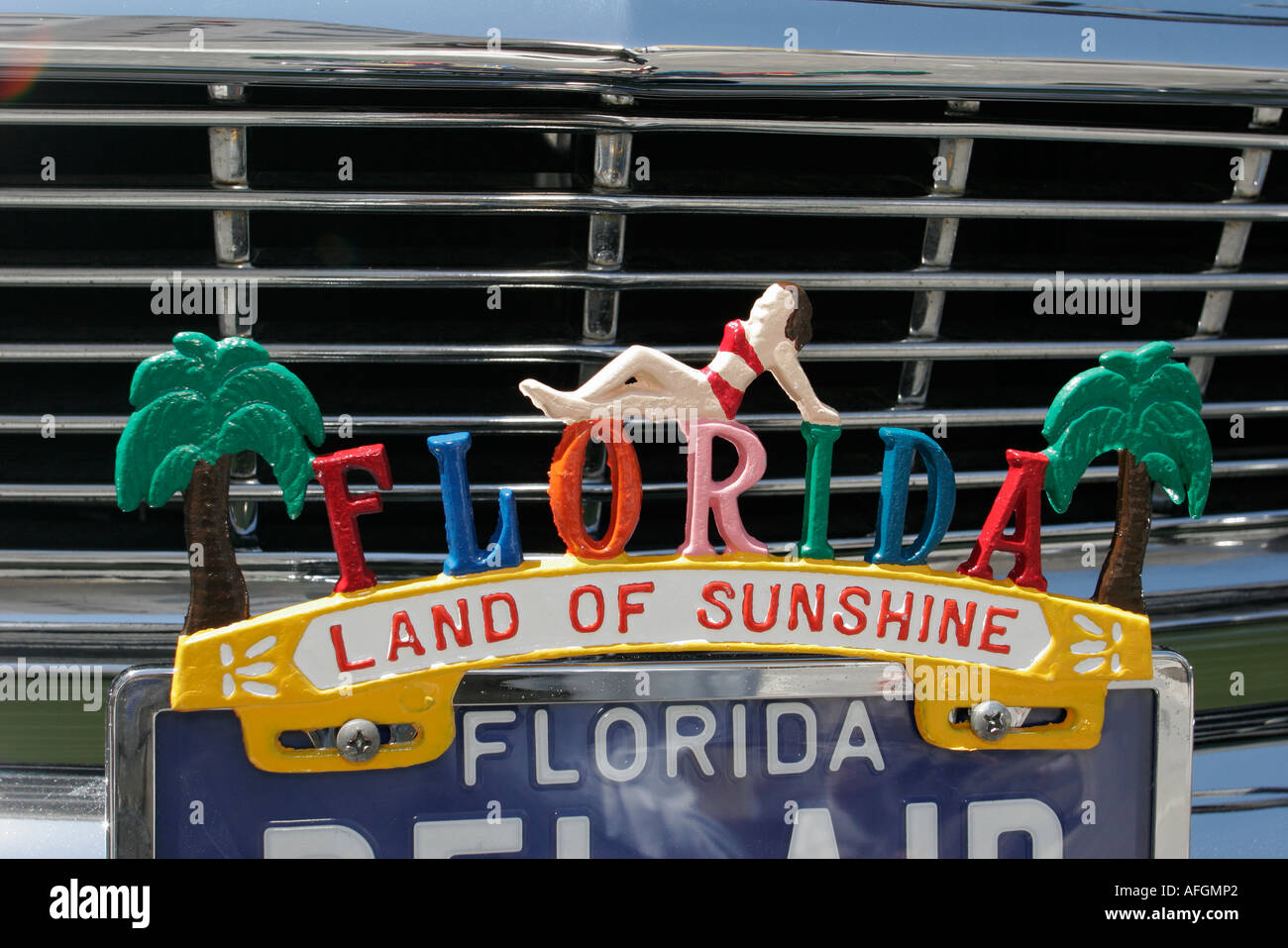 Miami Florida,Flagler Street,Classic Car Show,placa decorativa,Land of Sunshine,Chevrolet Bel Air,parrilla,FL060331088 Foto de stock