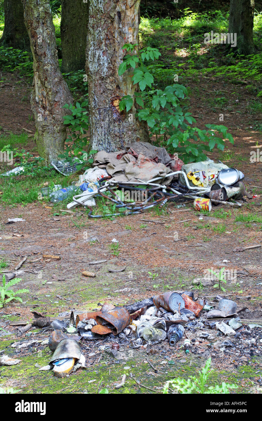 Desechar los residuos en el bosque cerca de una chimenea en un camping Foto de stock