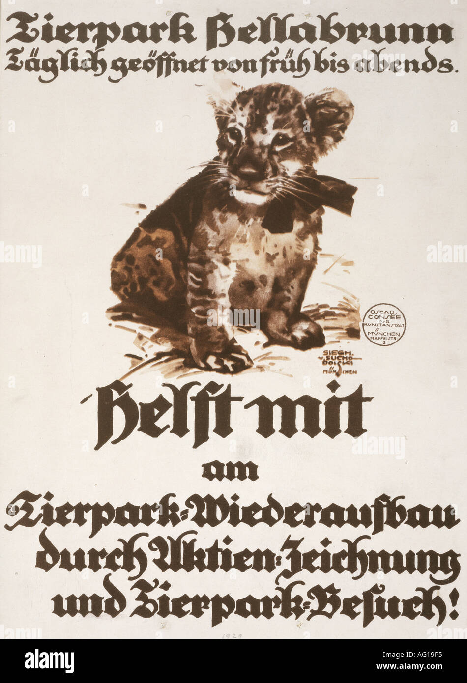 Publicidad, turismo, Tierpark Hellabrunn, Munich, 1920, 20s, cartel, diseño de Sigmund von Suchodolski (1875 - 1935), , Foto de stock