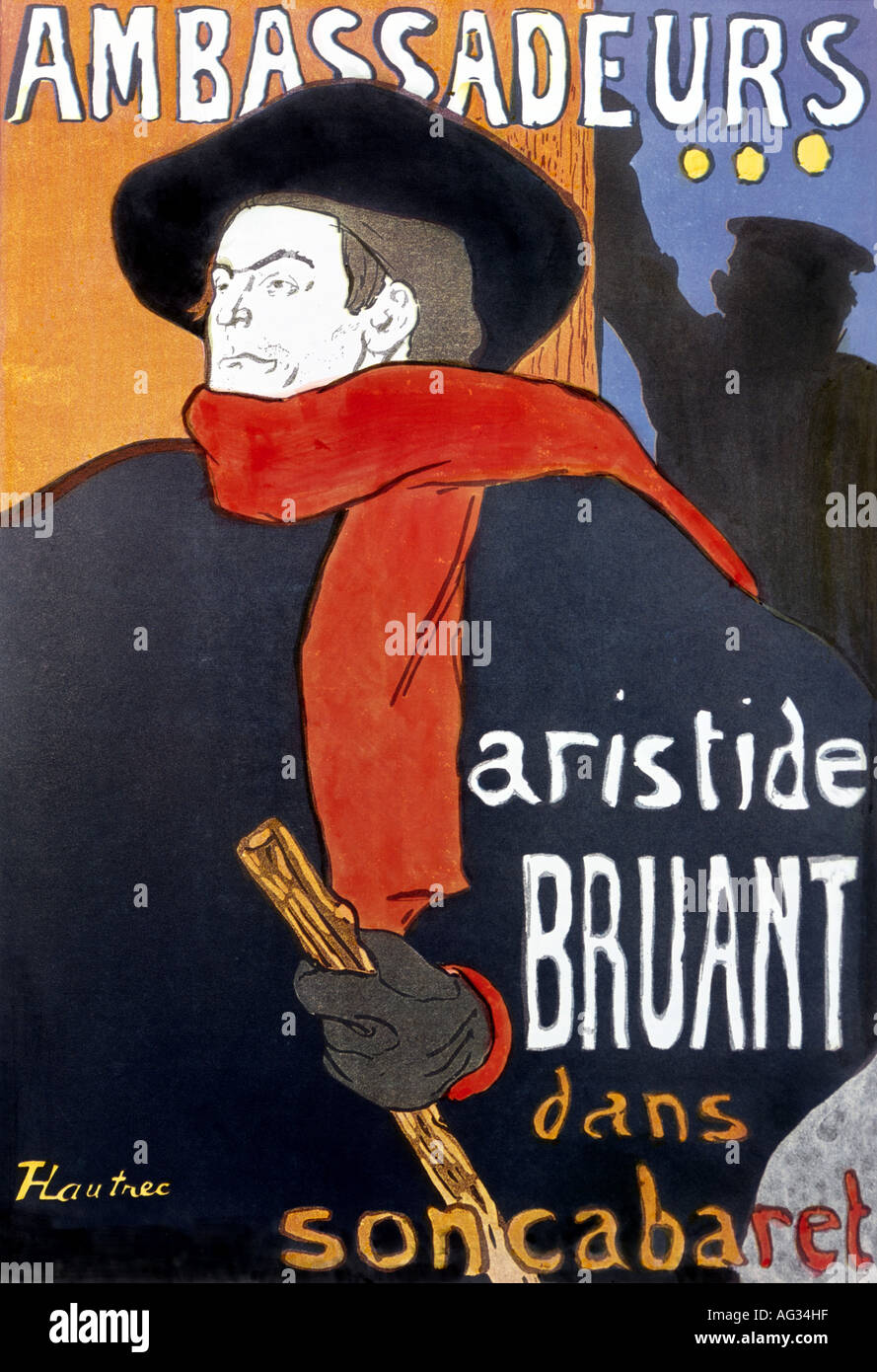 Bellas artes, Henri de Toulouse-Lautrec, (24.11.1864 - 9.9.1909), el cartel "Ambassadeurs - Aristide Bruant Dans Son Cabaret", circa 1895, litografía, colección privada, , Artist's Copyright no ha de ser borrado Foto de stock