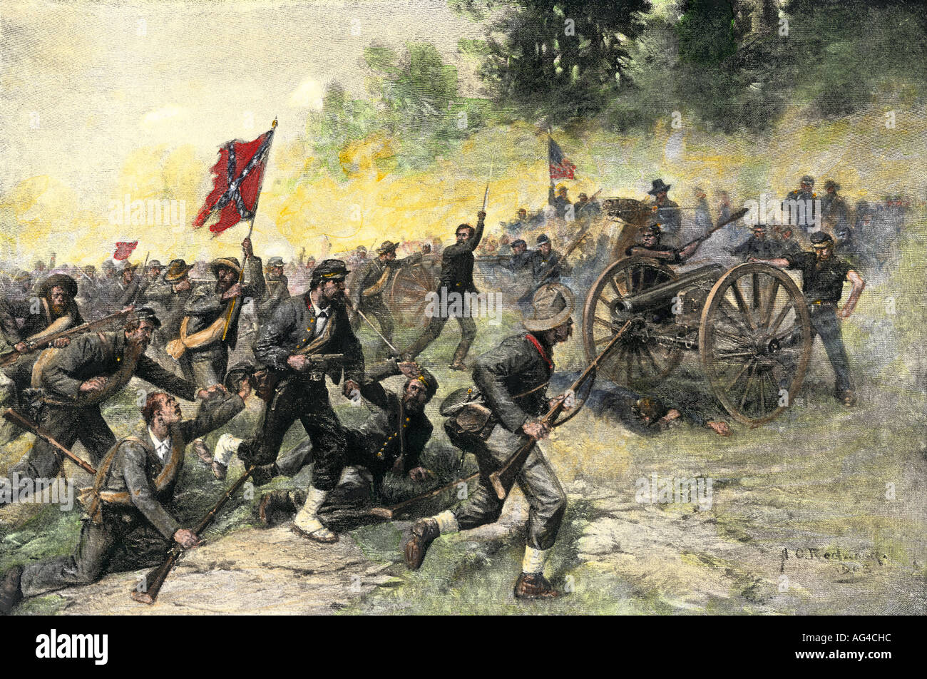 Asalto confederado en Little Round Top celebró el 20º Regimiento de Maine en la Batalla de Gettysburg en 1863. Mano de color halftone de ilustración. Foto de stock