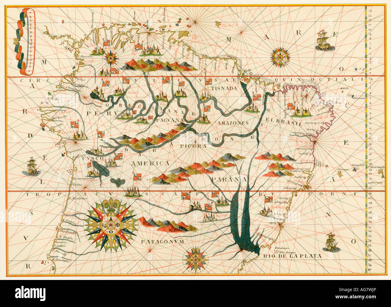 Mapa de América del atlas Español ejecutado en Messina por Joan Martines 1582. Litografía de color Foto de stock