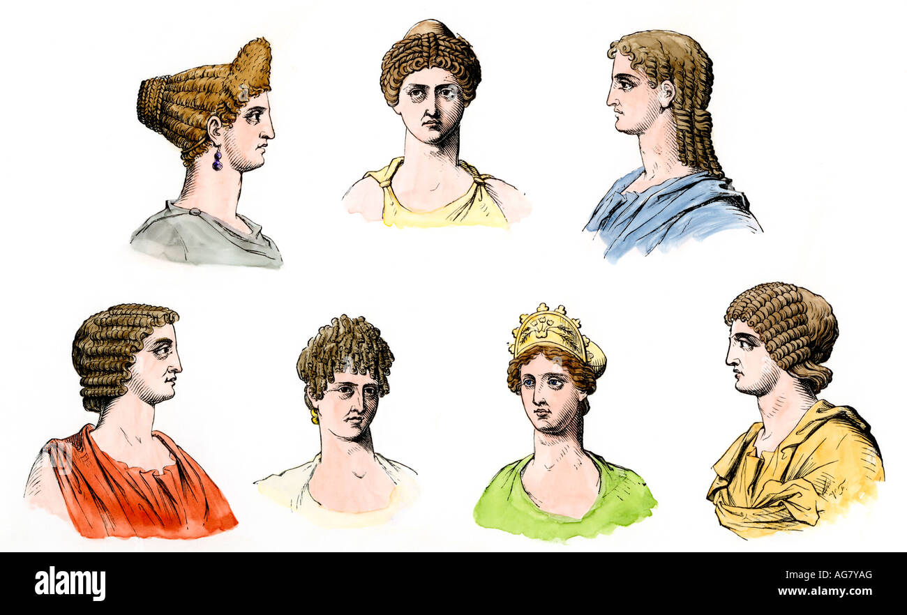 Coiffures de damas romanas. Xilografía coloreada a mano Foto de stock