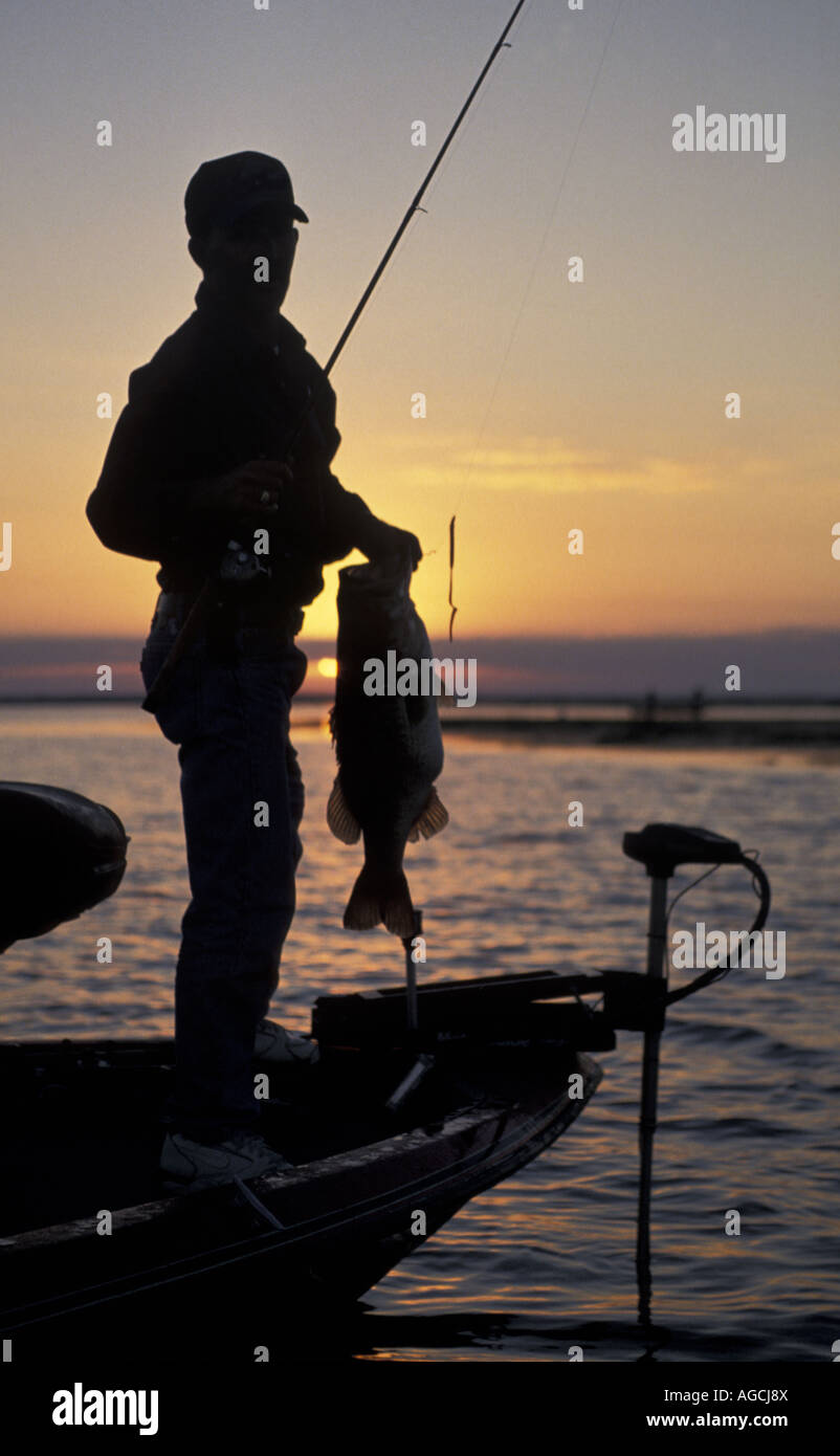 Pesca Pesca sunrise sunset fisherman silueta sujetando la varilla y perca de trofeos Foto de stock