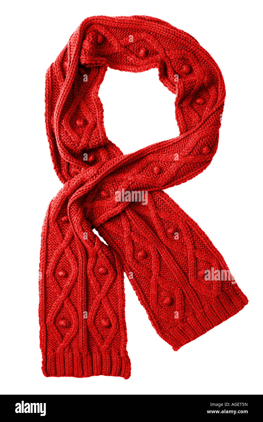Bufanda de lana roja aislado sobre fondo blanco. Foto de stock