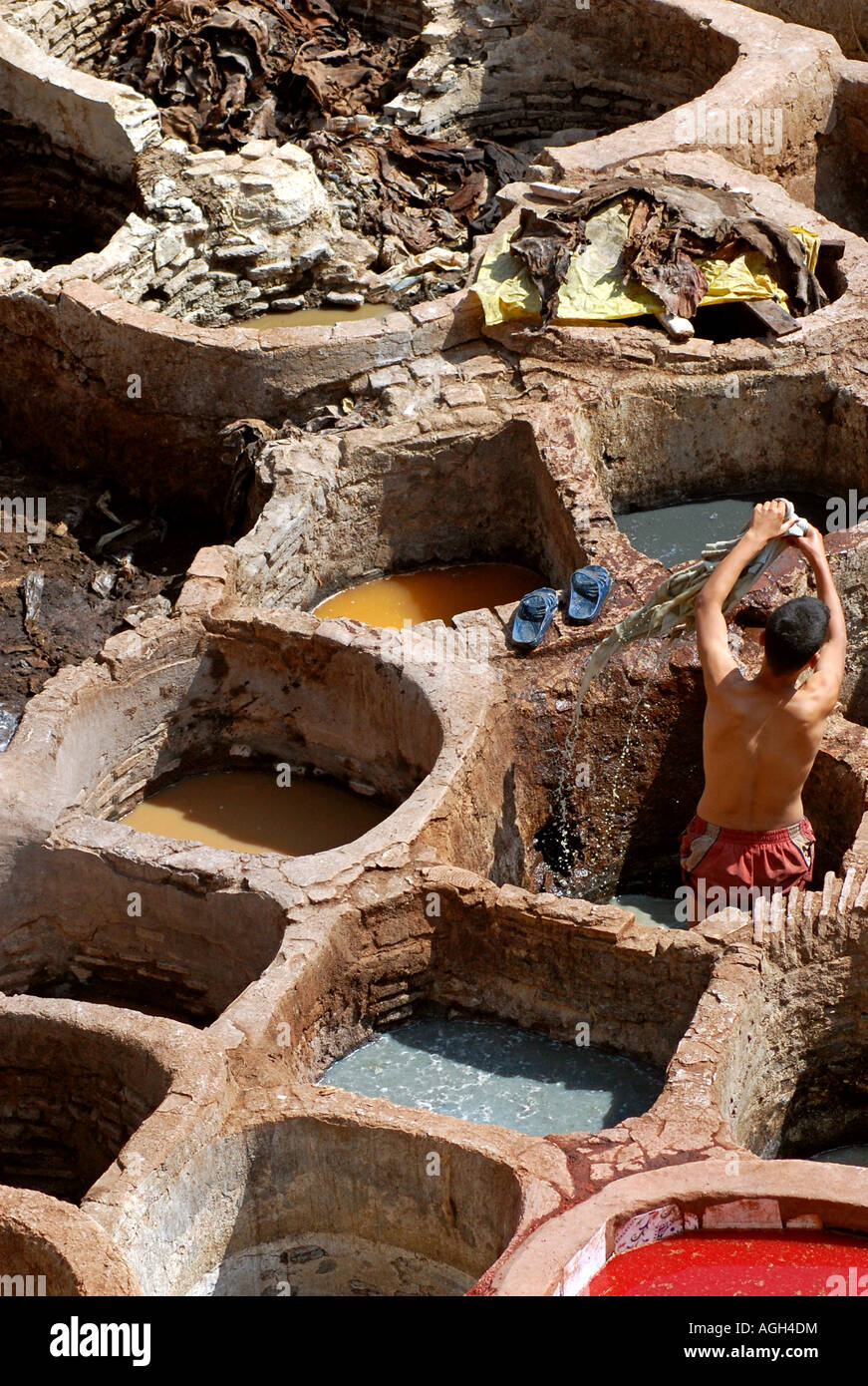 Souq Dabbaghin, o el barrio de los Curtidores. cabra ternero cuero ovino  tinte - workplace Fez, Marruecos Fotografía de stock - Alamy