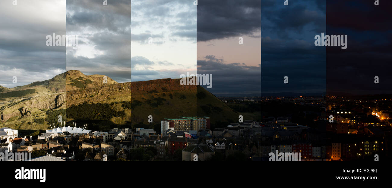 Time lapse secuencia de Arthur's Seat y Salisbury Crags en Edimburgo desde el día hasta la noche Foto de stock
