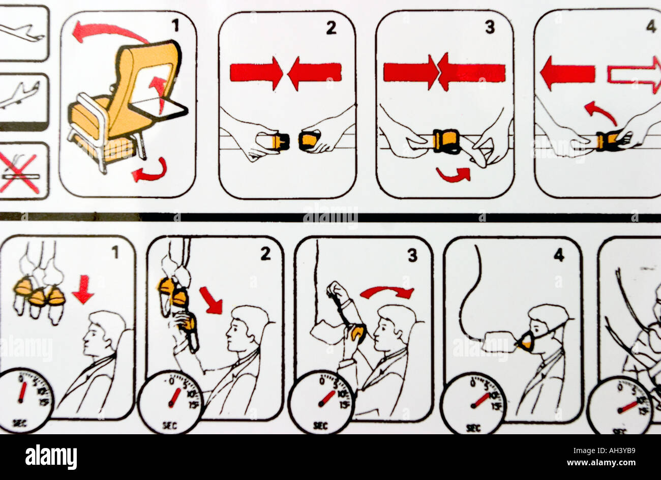 Instrucciones de seguridad de los pasajeros de un avión Fotografía de