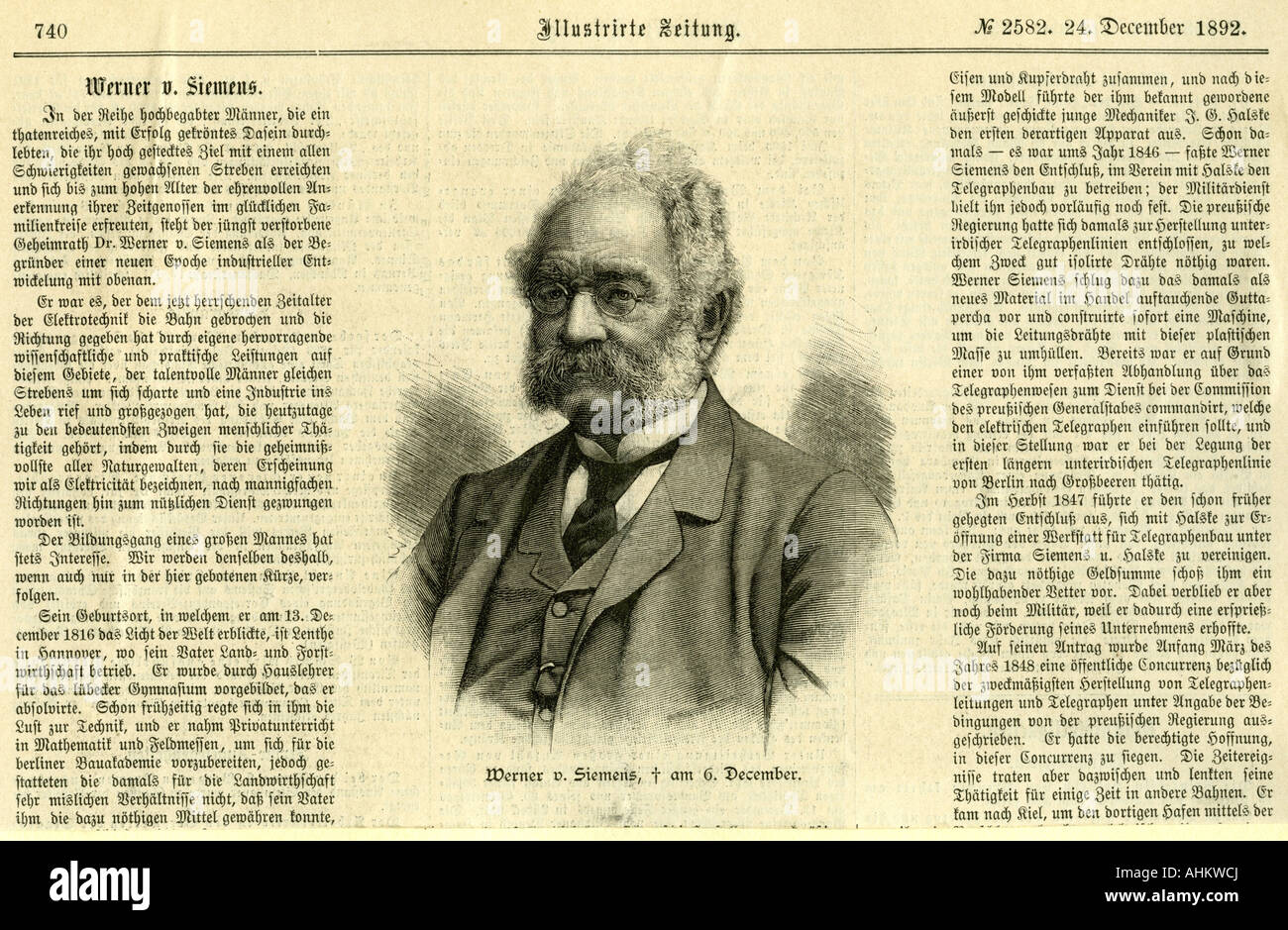 Siemens, Werner von, 13.3.1816 - 6.12.1892, empresario e inventor alemán, retrato, grabado, Leipziger Illustrierte Zeitung, 24.12.1892, Foto de stock