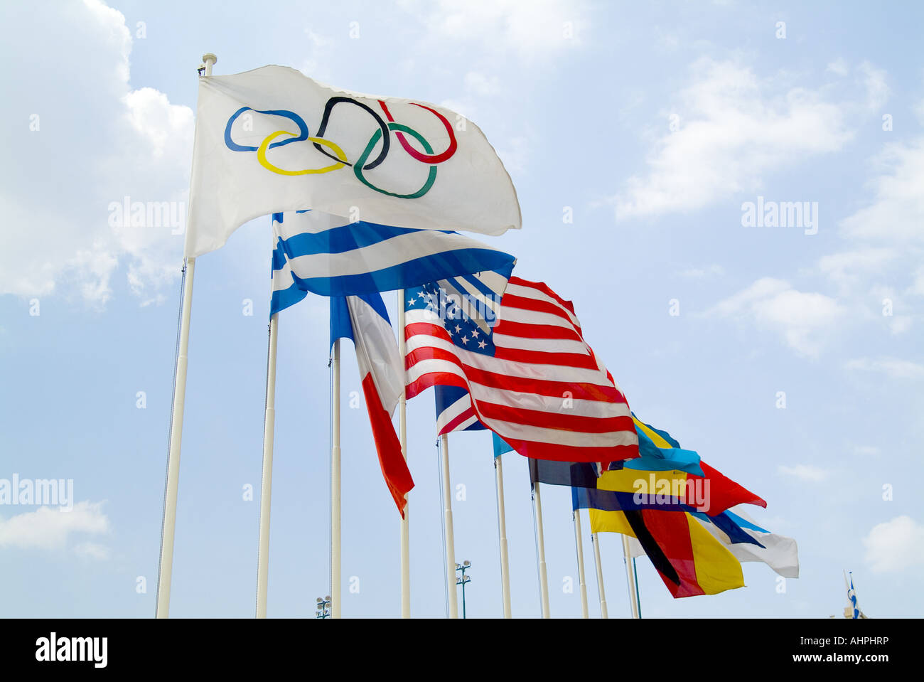 Banderas olímpicas, Atenas Foto de stock