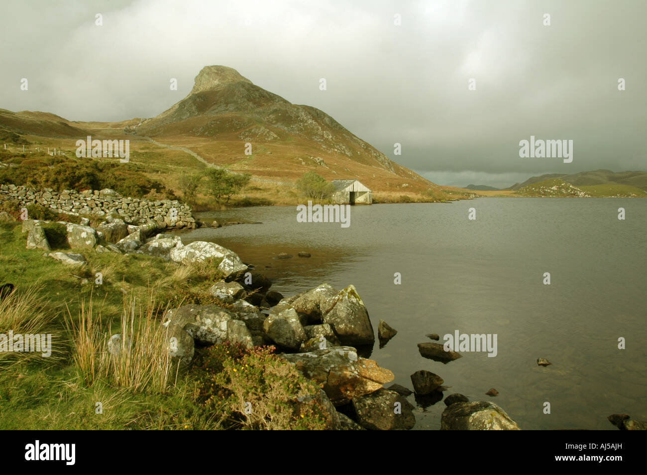 El grupo de lagos Cregennen Llynnau son establecer la alta en el Parque Nacional de Snowdonia con vistas a Cader Idris y Barmouth Foto de stock