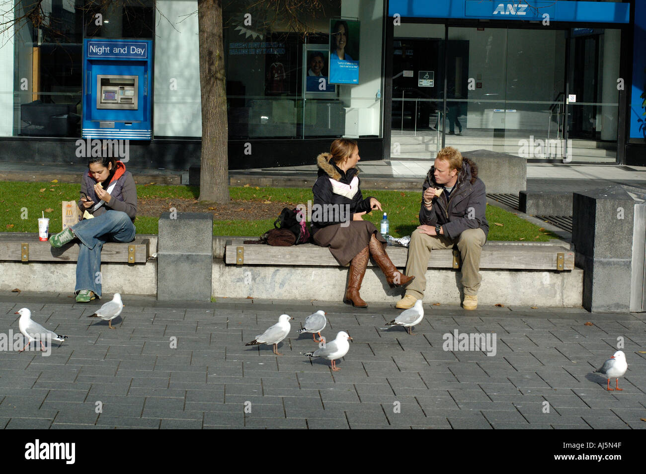 Nueva Zelandia Christchurch personas y palomas Foto de stock