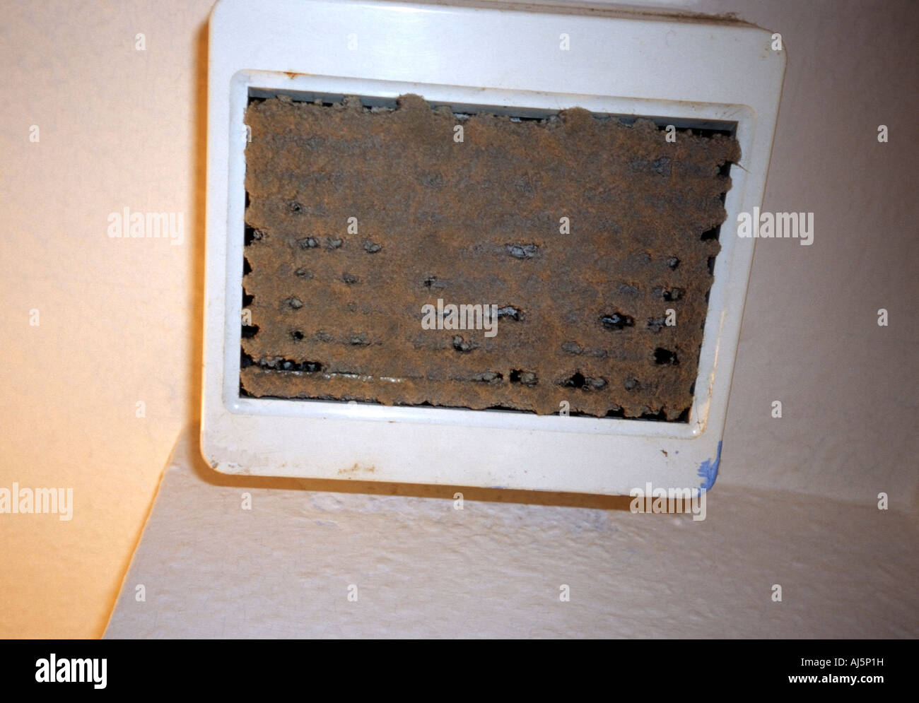 Ventilador extractor de techo obstruido con polvo y suciedad. Foto de stock
