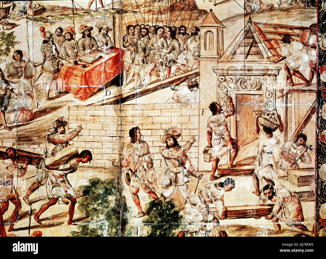 La construcción de la Ciudad de México, siglo XVI. Artista: Desconocido Foto de stock