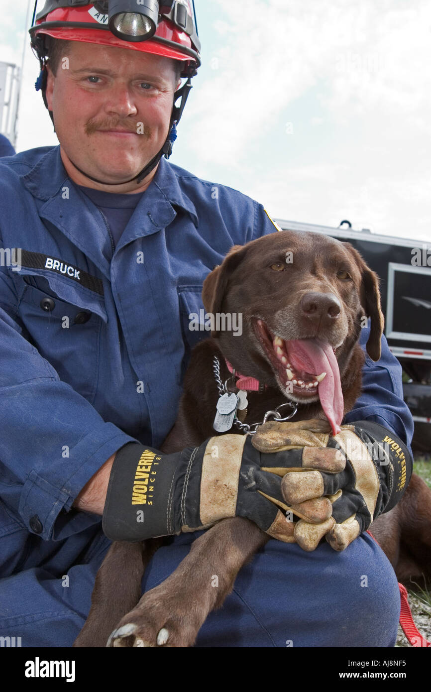 Adiestramiento de perros para la labor de rescate de emergencia Foto de stock