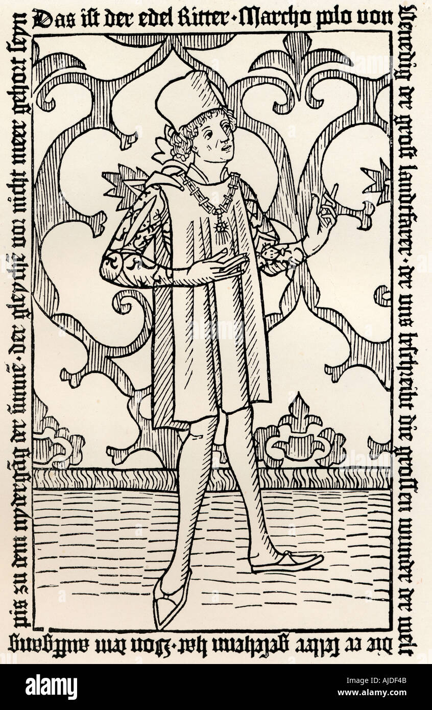 Marco Polo, 1254 -1324 mercante italiano, explorador y escritor. Desde frontspiece a la primera edición alemana de sus viajes impresa en Nuremberg en 1477. Foto de stock