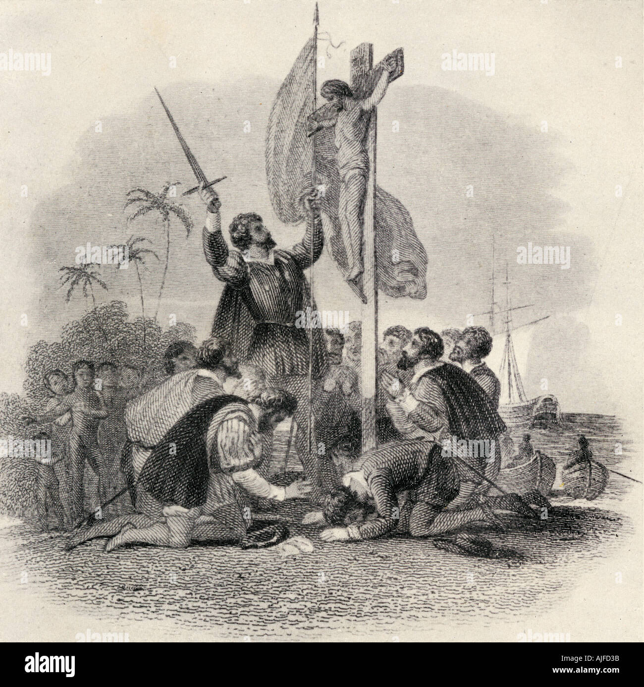 Desembarco de Colón en el nuevo mundo. Cristóbal Colón, 1451 - 1506. El explorador italiano y descubridor de América. Foto de stock