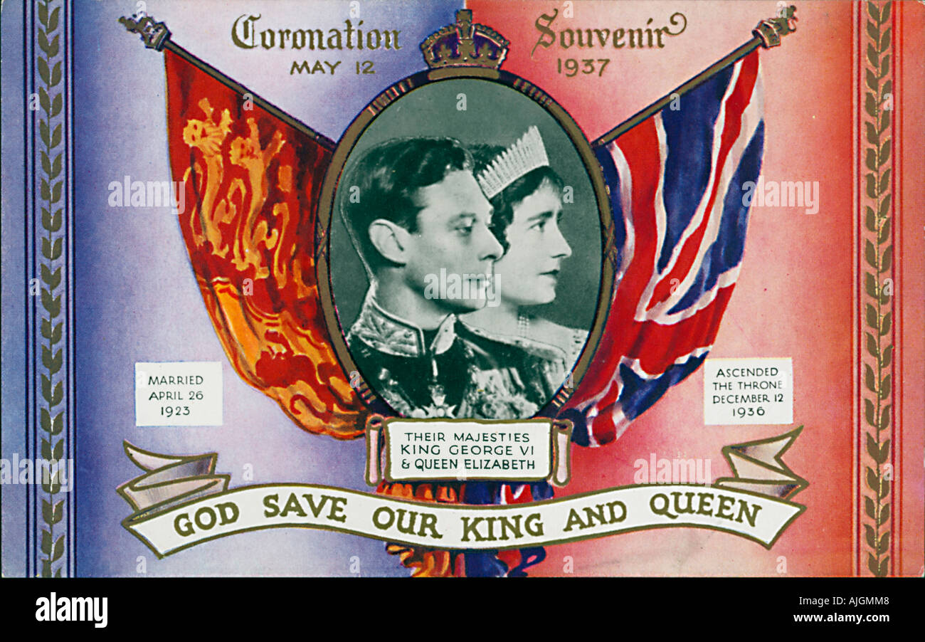 1937 Coronación postal para celebrar la coronación del rey Jorge VI y la Reina Elizabeth, la reina madre Foto de stock