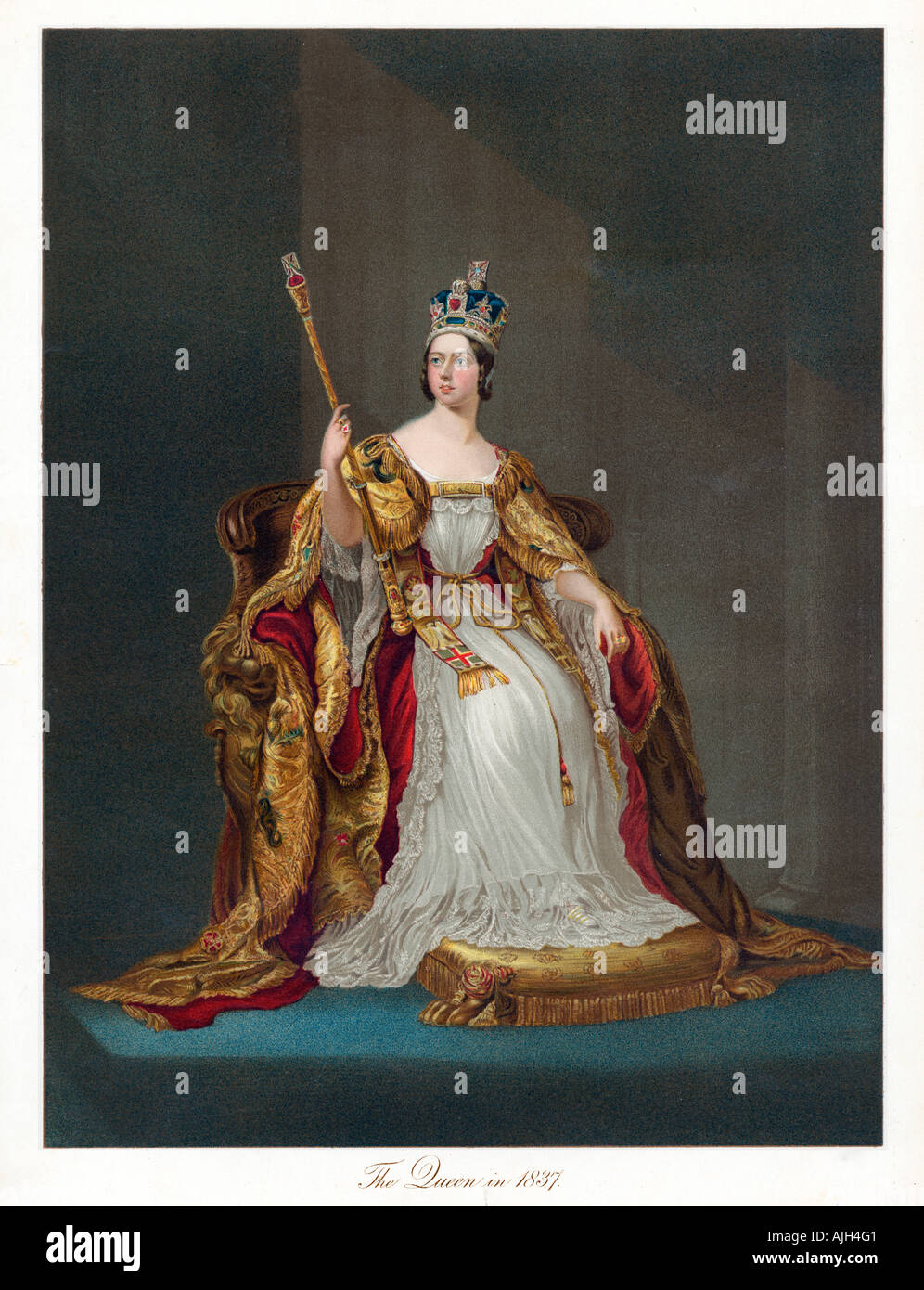 La reina Victoria en 1837, la coronación de retrato de la reina británica desde un souvenir publicado para celebrar su jubileo de oro en 1887 Foto de stock