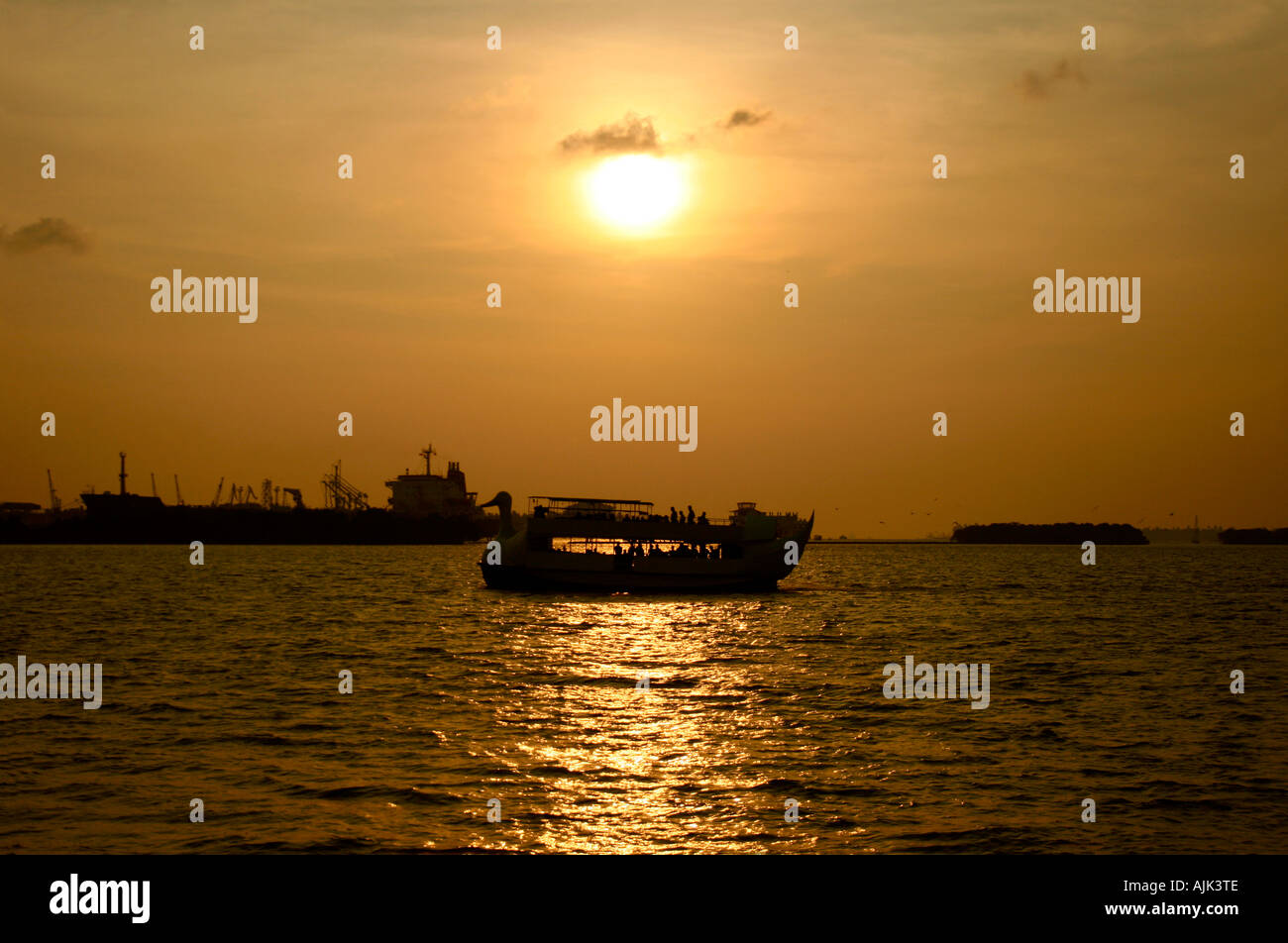 Un cisne con forma de barco que transportaba a los turistas en las doradas aguas del Lago Vembanad, Cochin, Kerala, India Foto de stock