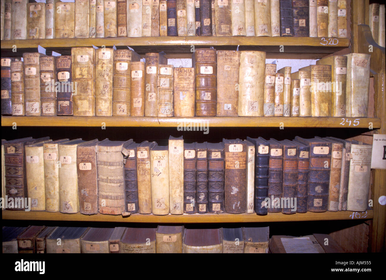 Libros muy antiguos en estanterías en la biblioteca en Hungría Foto de stock