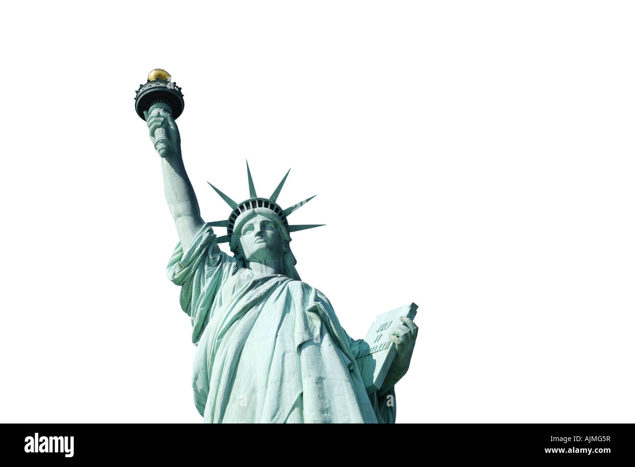 La estatua de la libertad recortada sobre fondo blanco. Foto de stock