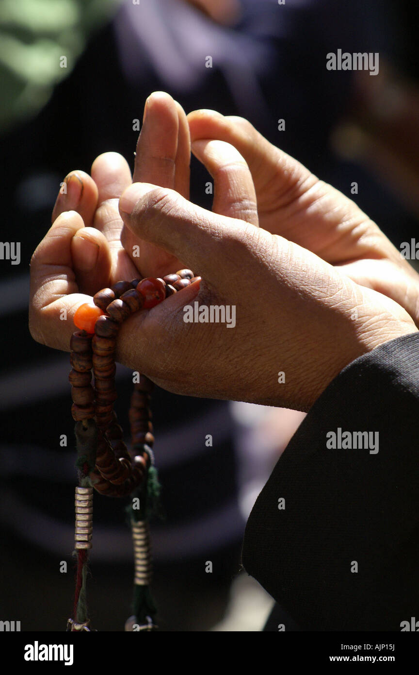 Santo budista tibetano mudra gestos palmas y dedos y abalorios, la oración.  Ladakh, India Fotografía de stock - Alamy