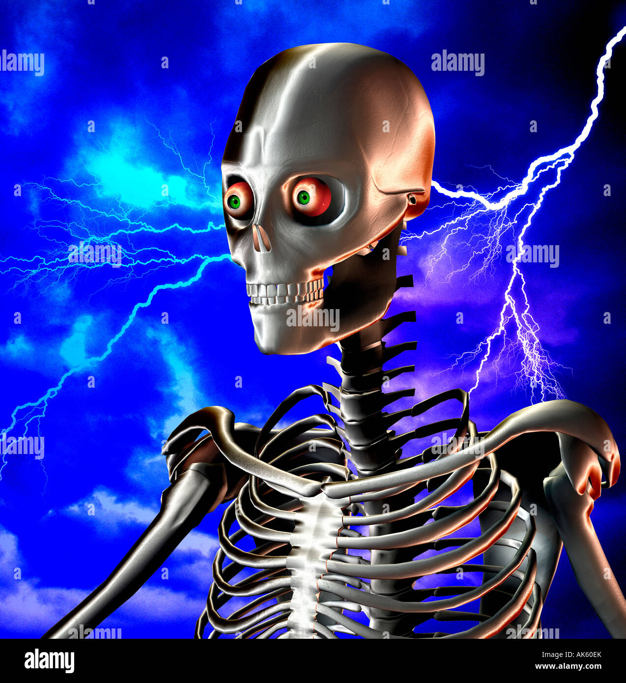 Esqueleto Humano con cielo tormentoso rayo Foto de stock