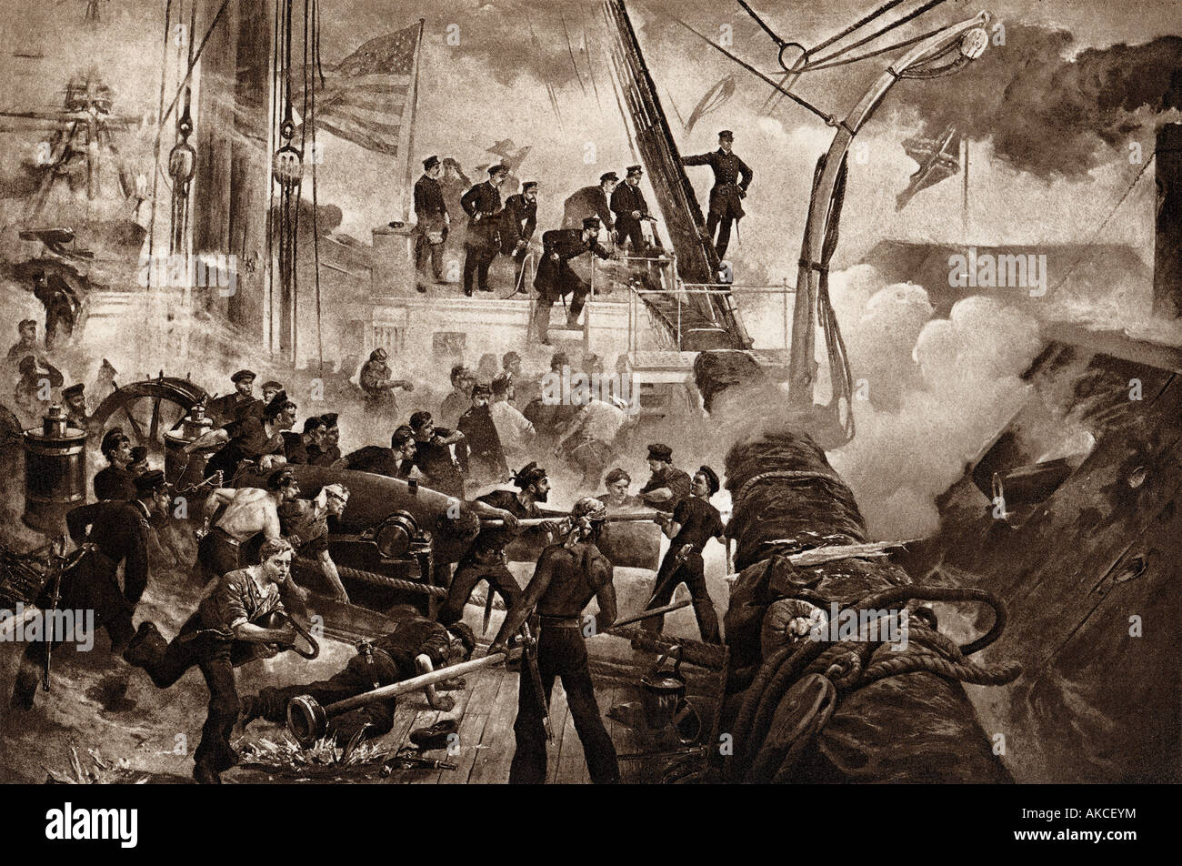 USS Hartford (izquierda) disparando en el CSS de hierro revestidos de Tennessee en la batalla de Mobile Bay, 5 de agosto de 1864. Foto de stock