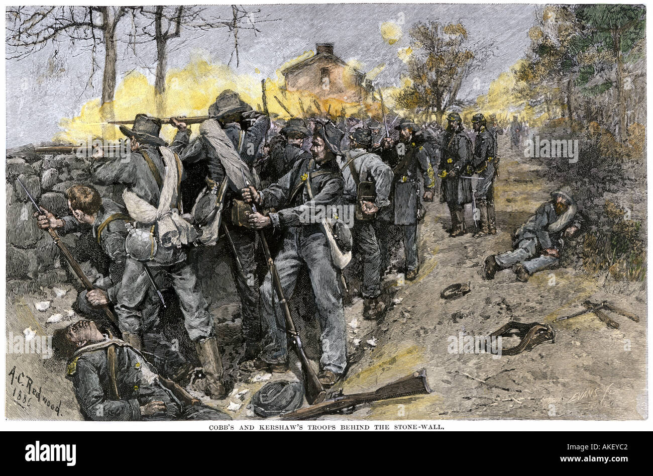 Las tropas confederadas detrás de una pared de piedra defender Fredericksburg Virginia 1862 Guerra Civil Americana. Xilografía coloreada a mano Foto de stock