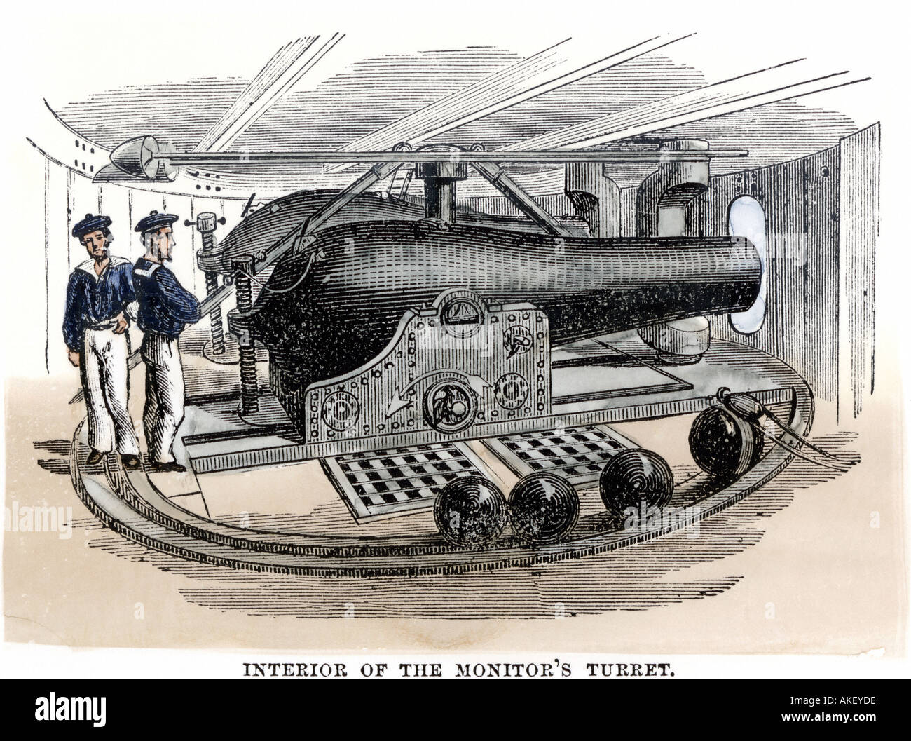 La artillería en el interior de la torreta giratoria de la cañonera estadounidense acorazada Monitor durante la Guerra Civil Americana. Xilografía coloreada a mano Foto de stock