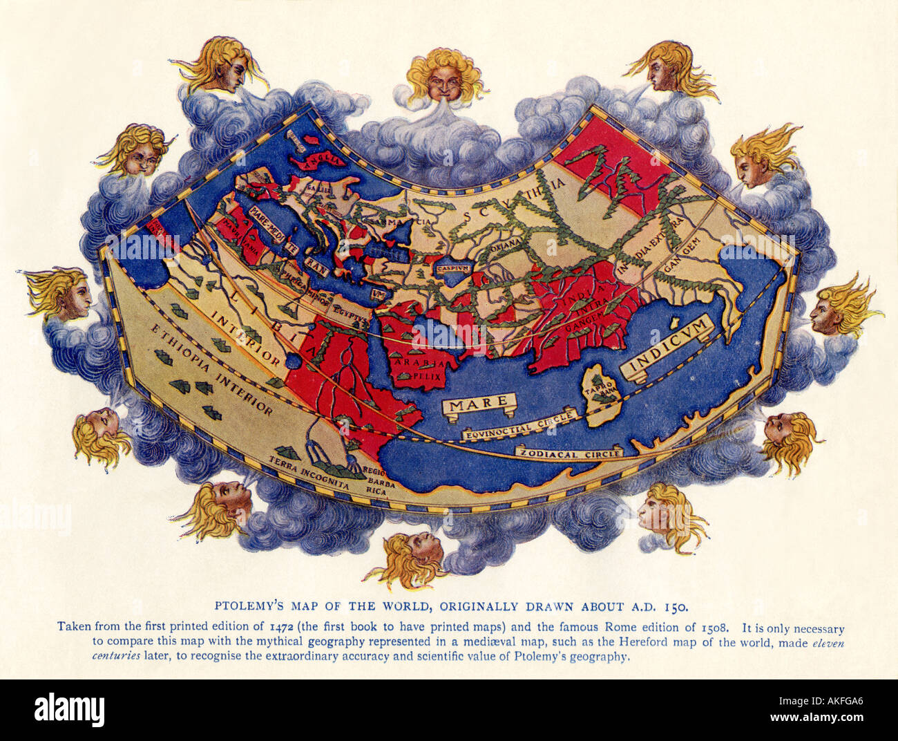 Ptolomeo mapa del mundo circa 150 DC a partir de la edición de 1472. Semitono de color Foto de stock