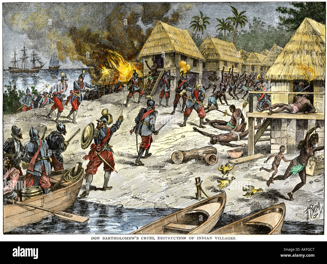 Bartolomé Colón cruel destrucción de aldeas nativas en la Hispaniola. Xilografía coloreada a mano Foto de stock
