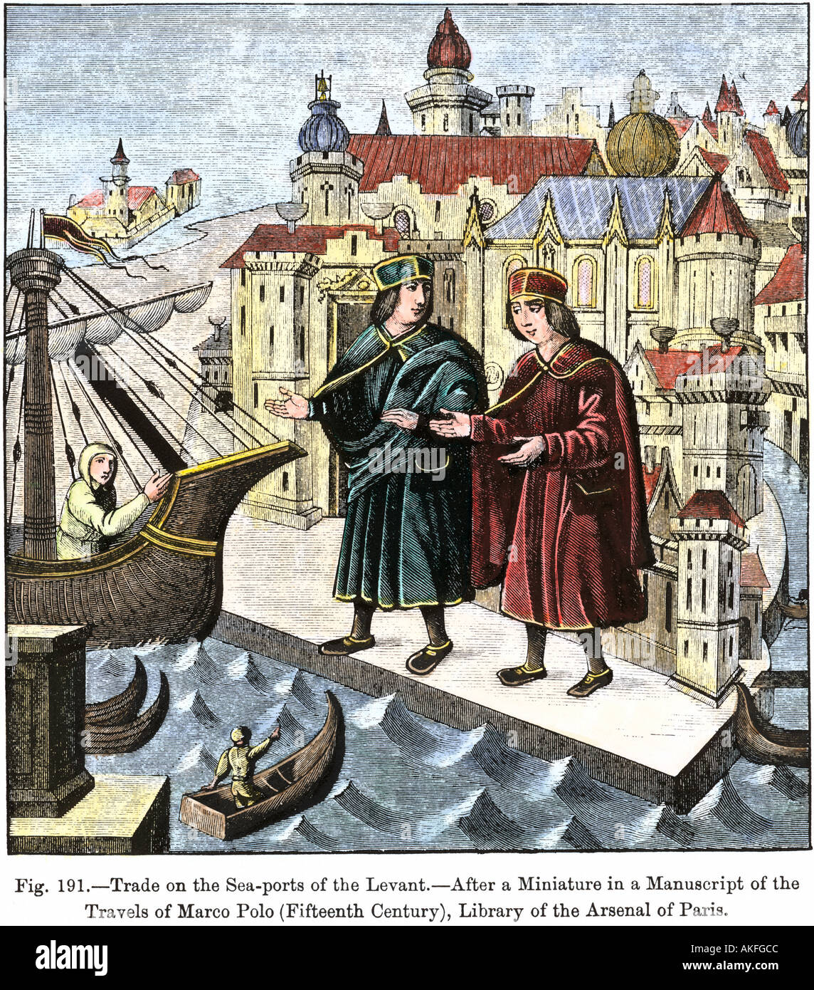 El comercio de un puerto marítimo del Mediterráneo en la época de Marco Polo. Xilografía coloreada a mano Foto de stock