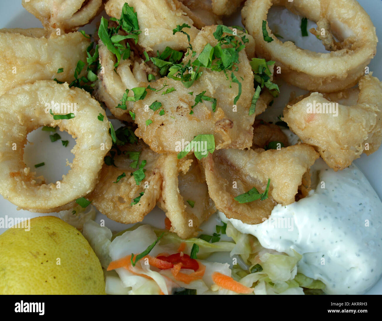 Placa con tsatziki cuttlefisch Kalamari fritos y limón Foto de stock