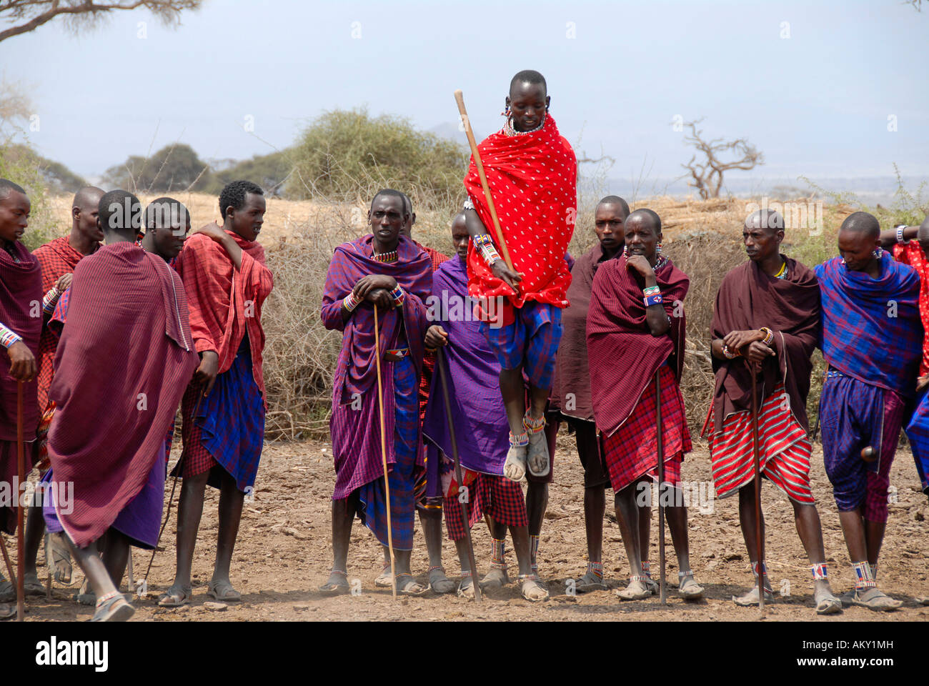 Los hombres Masai saltar alto en la danza el Parque Nacional Amboseli Kenia Foto de stock