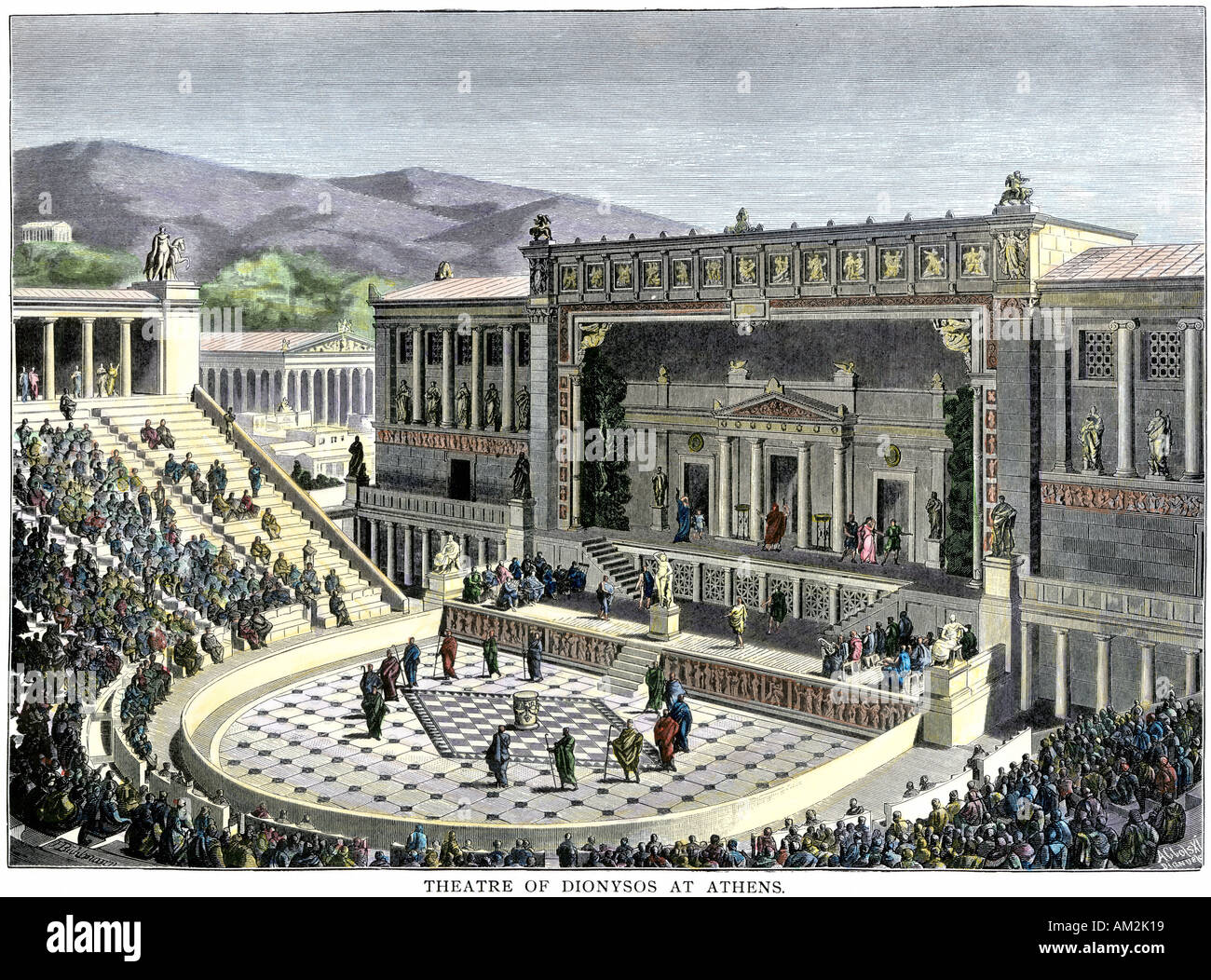 Actuación en el Teatro de Dioniso en Atenas Grecia antigua. Xilografía coloreada a mano Foto de stock