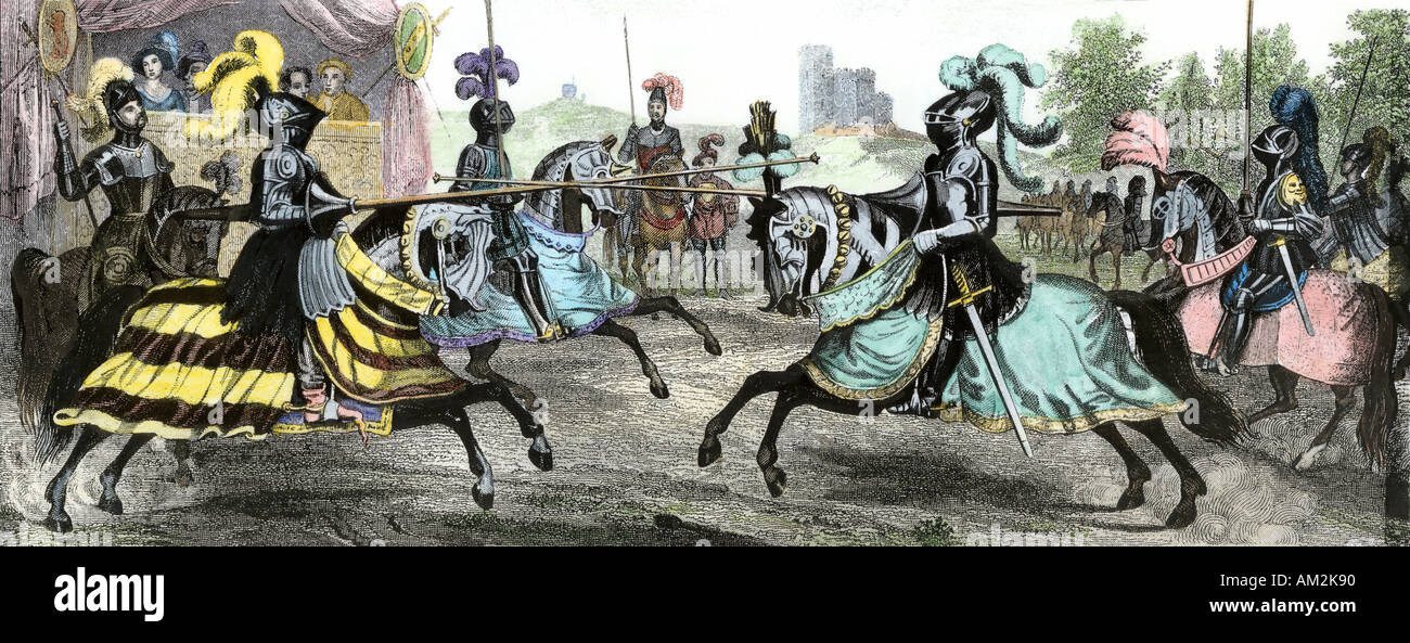 En un torneo de caballeros durante la Edad Media. Grabado pintado a mano Foto de stock