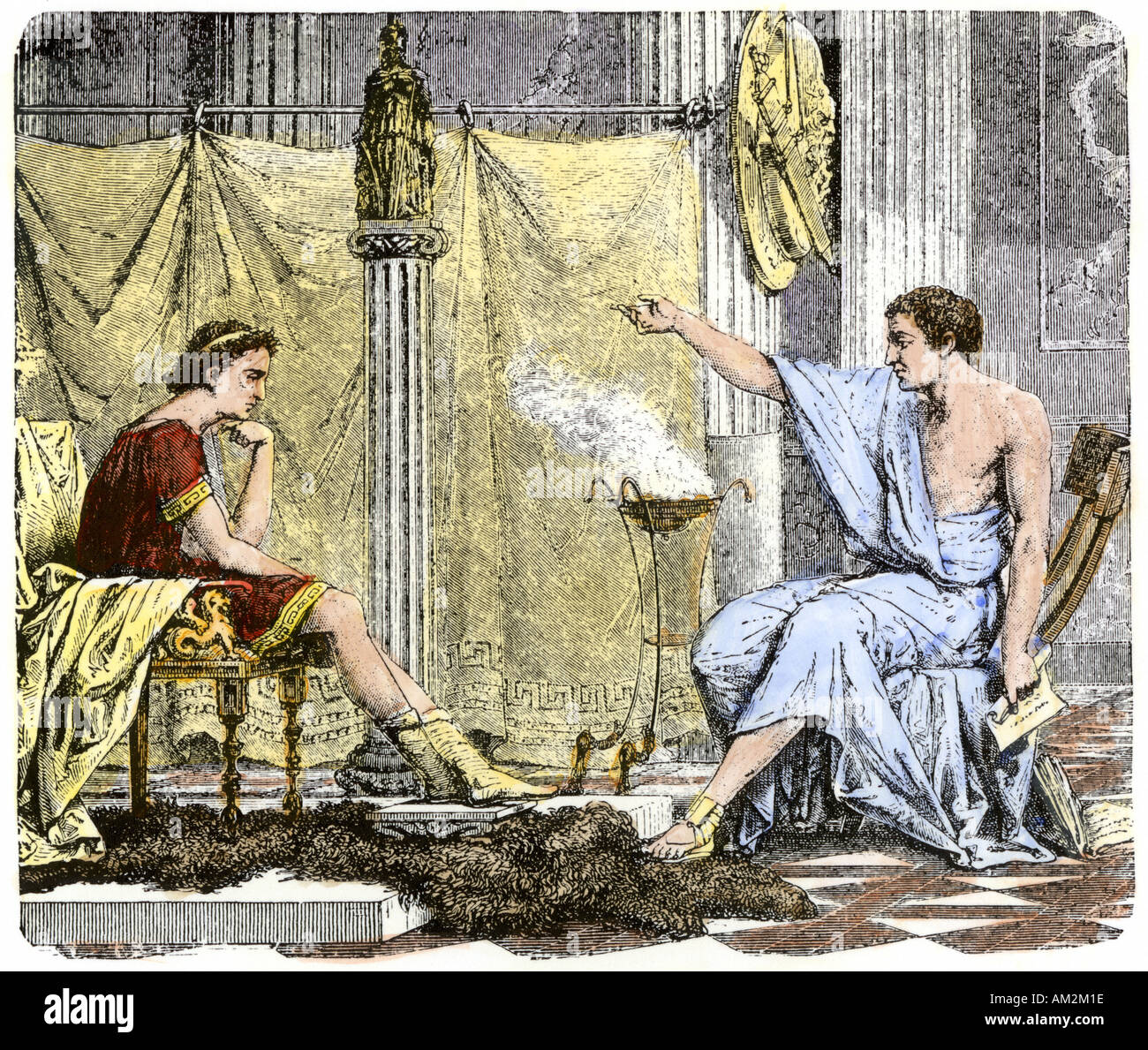 Aristóteles instruyendo al joven Alejandro Magno. Xilografía coloreada a mano Foto de stock