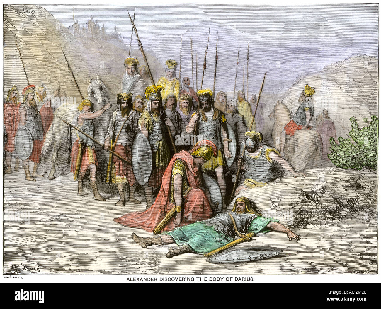 Alejandro Magno, descubriendo el cuerpo de Darío rey de Persia 331 BC. Xilografía coloreada a mano de una ilustración de Gustave Doré Foto de stock